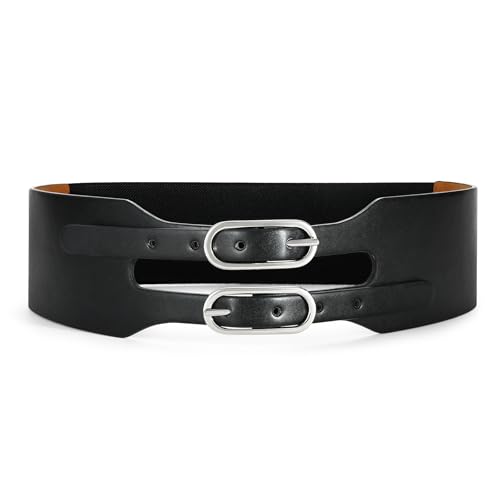 Women's Wide Leather Belt with Double Buckle, Black Leather Belt Silver Metal Buckle for Dress