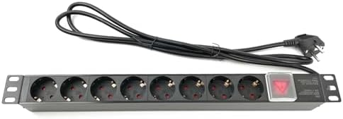 SilexFiberI Regleta de 8 Enchufe para Rack 19” Profesional | PDU de Aluminio con Interruptor de Seguridad | 8 Tomas Schuko (16A/3500W) | Cable de 1,8 Metros | Ideal para Servidores, IT y Sonido