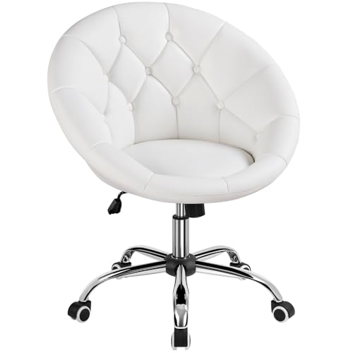 Yaheetech Silla de Oficina Acolchada de Piel Sintética Sillón Reclinable con Ruedas Giratorias para Oficina Estudio Despacho Silla Blanca