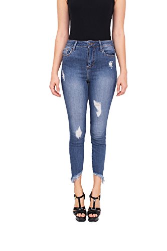Cello Jeans Women Middle Rise Distressed Cropped Skinny Jeans with Slanted Fray Hem 3 Medium Denim
