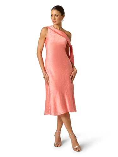 Adrianna Papell Women's Woven Jacquard Midi Dress - Flowy Cocktail Dress with Butterfly Design & Asymmetrical Shoulder Tie, Coastal Sun, 12