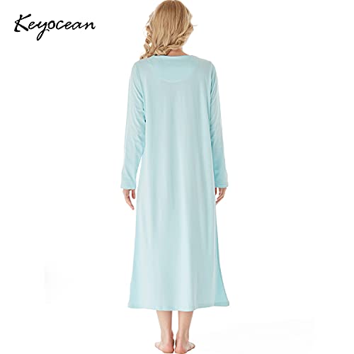 Keyocean Winter Women Nightgowns, Soft 100% Cotton Comfy Lightweight Long Sleeve Ladies Sleepwear Nightdress, Medium Blue, Small #TOP1