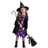 Kiddokids Witch Costume for Girls- Light-Up Dress with Hat & Broom Accessories, Halloween Costume Set for 3-12 Years, Purple Witch Outfit for Halloween Parties & Role Play