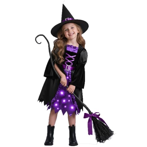 Kiddokids Witch Costume for Girls- Light-Up Dress with Hat & Broom Accessories, Halloween Costume Set for 3-12 Years, Purple Witch Outfit for Halloween Parties & Role Play
