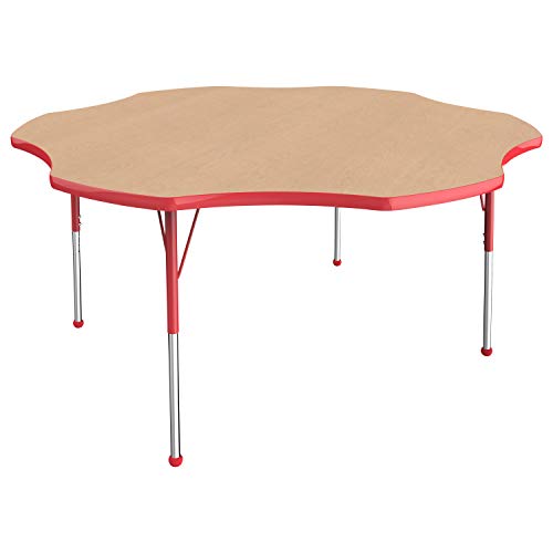 Image of FDP Flower Activity School and Office Table (60 inch), Standard Legs with Ball Glides for Collaborative Seating Environments, Adjustable Height 19-30 inches - Maple Top and Red Edge