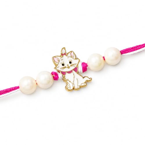 Image of eCraftIndia Pink and White Marie Cute Cat with Beads Designer Pet Rakhi For Brothers, Kids, Bhai | Raksha Bandhan Rakhi with Roli Chawal