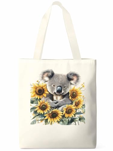 Canvas Tote Bag Cute Koala Sunflower Reusable Grocery Shopping Bag,Shoulder Tote Bags for Women Vacation Travel Work Gym