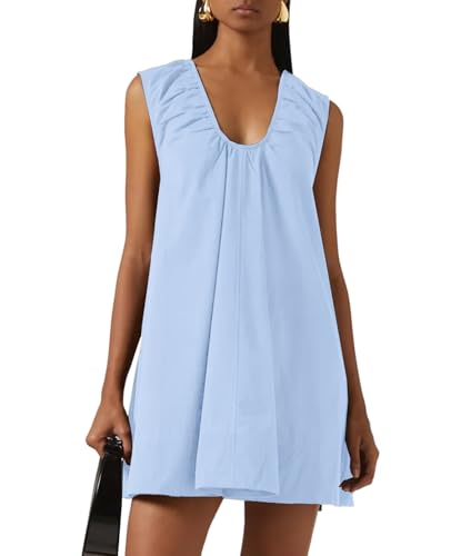 Women's Sleeveless Babydoll Tank Mini Dress U-Neck Ruched Short Dresses with Pockets Club Dress