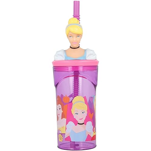 Gobelet avec paille Cendrillon Princesses Disney avec personnage 3D en plastique réutilisable BPA Free capacité 360 ml