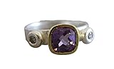 Handmade Anillo de plata de ley 925 con baño de oro y amatista y diamantes, tamaño 14,5 (US Size 7 / Diameter 17.3)