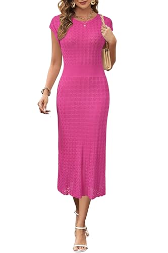 Image of Newshows Women's Hollow Slim Summer Fall Church Work Casual Sweater Dress | Machine Washable Knit Sweater Fabric, Hollow Design, Bell Sleeve, Business Casual, Church Teacher Outfits, Modest Dress