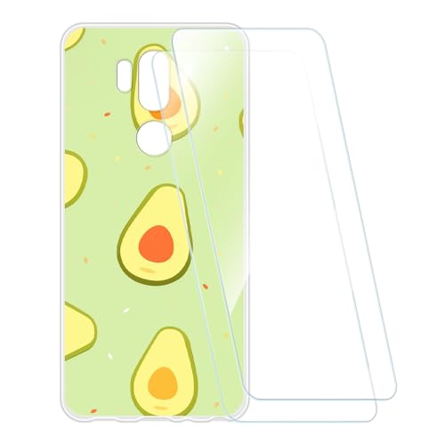 ESCAMOT Funda Estampada + 2 Protectores de Pantalla Vidrio Templado Compatible con LG G7 One, Carcasa Suave Antigolpes y Película HD (Aguacate)
