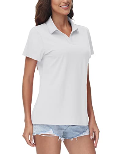 TACVASEN White Golf Shirt Womens Sun Protection Polo Shirt UPF 50+ Short Sleeve V Neck Shirt Dry Fit Collared Shirt for Work, M