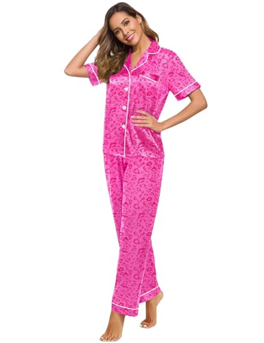 Image of SWOMOG Women Satin Pajamas Set Short Sleeve Top & Pants Sleepwear Silky Button Down Nightwear 2pcs Loungewear Pjs Set
