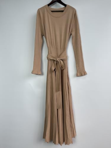 Image of RanRui Womens Winter Fall Pleated Knitted Fit and Flare Long Sleeve Sweater Dress