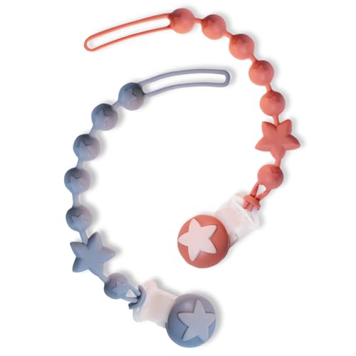 Image of Silicone Baby Pacifier Clips for Boys and Girls, Pack of 2 Flexible Rust-Free Pacifier Holder Clip with One-Piece Design, Paci Binky Clips (Terracotta+Azure)