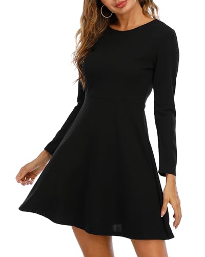 Jusfitsu Womens Long Sleeve Dress Casual Simple Dresses A-Line Knee Length Skirt Slim Fit Skater Dress