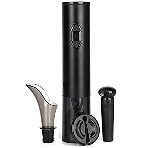 VAYEODEYU Sacacorchos， Abridor de vino eléctrico con cortador de láminas, aireador y vertedor, tapón de vacío, juego de 4 piezas en negro