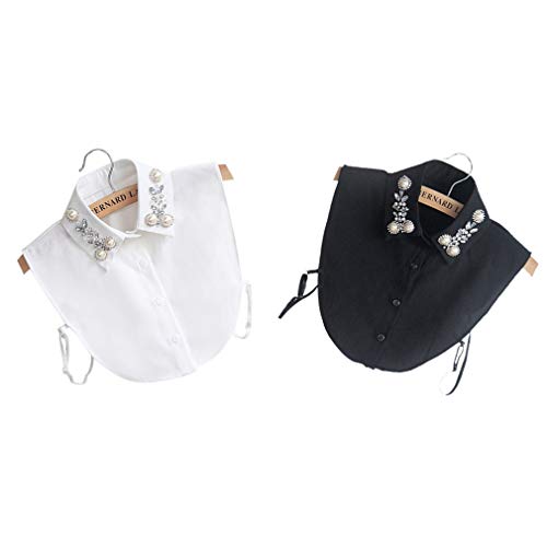 Velidy False Collars Half-Shirt Collars Detachable Blouse Collar for Women with Pearl and Rhinestone 2 Pack