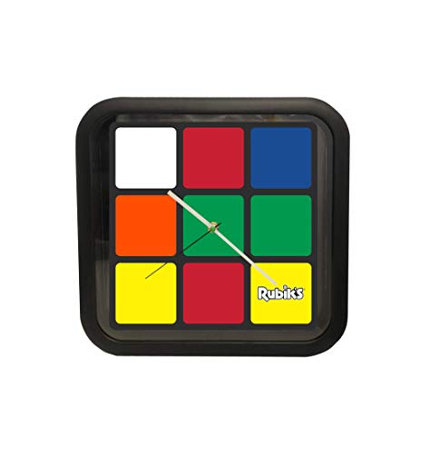 Rubik's Cube Analog Wall Clock (Fun to Be Square, M1) for Kid's Bedroom, Home & Office; Geometric Clock Face & Black Acrylic Frame, Quartz Movement, AA Battery No Included, 11 Square, Green/Red