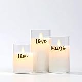 JHY DESIGN Set mit 3 Glaswachs-Batteriekerzen Moving Flame LED Kerzen Flackernde elektrische Flammenlose Kerzen echtem Wachs mit 6-Stunden-Timer für Party Hochzeit Weihnachten (LEBEN LIEBEN LACHEN)