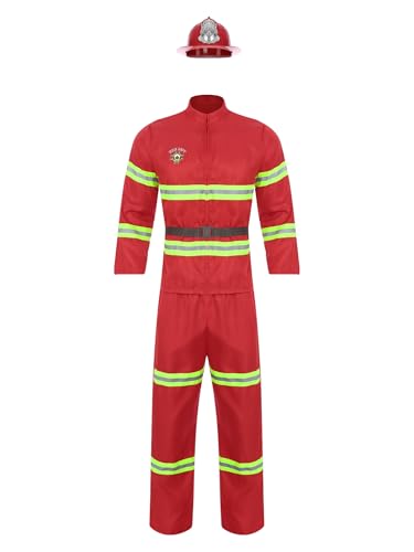 vastwit Firefighter Costume for Adults Mens Fireman Jacket Pants Belt Helmet Set Fire Captain Uniform Red Medium