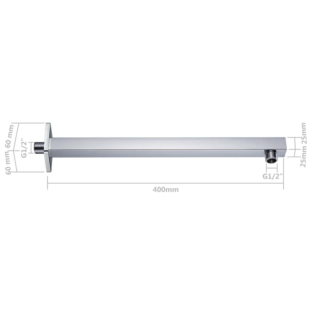 Brazo de ducha cuadrado de acero inoxidable 201, plata, 40 cm de longitud, brazo de pared con rosca G 1/2", superficie cromada, para soporte de alcachofa de ducha y montaje de ducha de lluvia