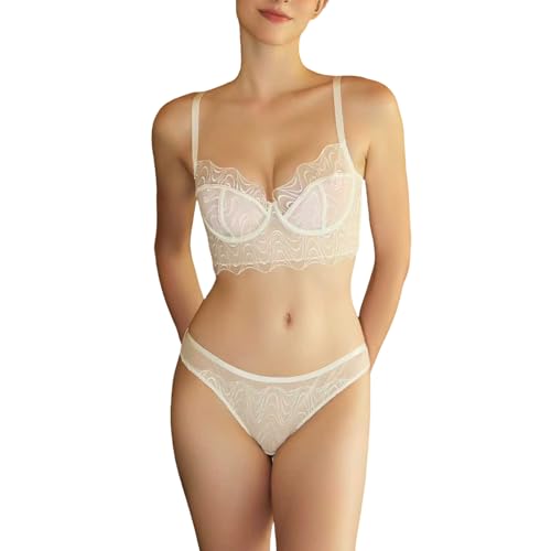 MOONBADI 下着 レディース 上下セット ナイトブラ 夏用 セクシー レース 脇高設計 ウイング ブラジャー 谷間アップ 白 ランジェリーセット 80F