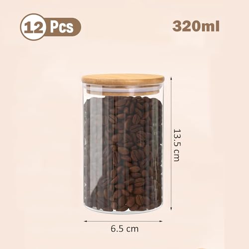 Image of CAKETIME Spice Jars with Airtight Bamboo Lid [Round, Pack Of 12, 320ml] - Glass Spice Bottles, Seasoning Containers for Salt, Sugar, Coffee Beans - Set of 12 Jars with Wooden Lids