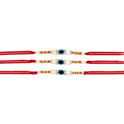 Image of Peora Evil Eye & Crystals Studded Rakhi for Brother Bhaiya | Red Thread | Raksha Bandhan Hamper with Roli Chawal Greeting Card