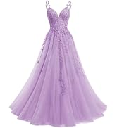 ZSHAOLHYJYZS Women's Tulle Prom Dresses With 3D Flower V Neck Lace Applique Ball Gowns Baby Blue Evening Dress,Size 0