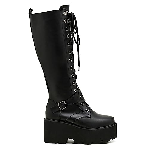 Image of Parisuit Women's Knee High Goth Platform Boots Lace Up Combat Boots