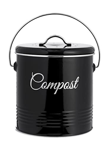 Innoteck Essentials Compost Bucket - Up to 3.6 Litre Kitchen Composting Bucket - Charcoal Filters and Lid for Indoor Organic Food Waste Recycling - Metal Kitchen Compost Bin - Black