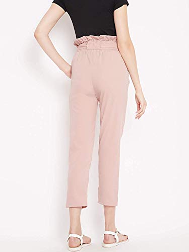 Image of PANIT Solid Rose Gold Colour Pleated elsticated high Waist Trouser has tie up at Waist and Two Pockets.