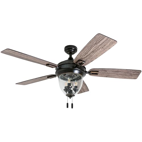 Honeywell Ceiling Fans Glencrest, 52 Inch Indoor Outdoor LED Ceiling Fan with Light, Pull Chain, Dual Mounting Options, ETL Damp Rated, Dual Finish Blades, Reversible Motor - 50615-01 (Bronze)