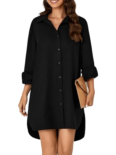 Image of Vrtige Women's Casual Collar V Neck Button Down Long Sleeve Tunic Mini Short Shirt Dress with Pockets Black Large