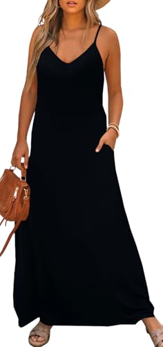 Image of Bluetime Women Summer Spaghetti Strap Maxi Dress V-Neck Sleeveless Flowy Boho Floral Beach Long Dress with Pockets