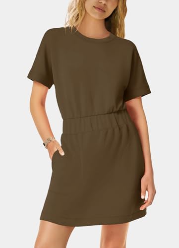 Image of SENSERISE Womens Short Sleeve T Shirt Dresses Crew Neck Solid Color Basic Smocked Waist Dress with Pockets