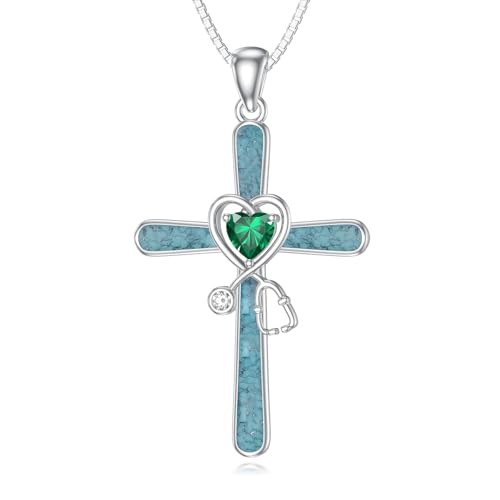 Stethoscope Cross Necklace 925 Sterling Silver Turquoise Doctor Nurse Pendant RN Registered Graduation Nurse Jewelry for Women Medical Student