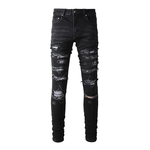 Black Mens Patchwork Denim Biker Jeans Skinny Stretch Slim Distressed Ripped Stacked Knee Holes Pant2