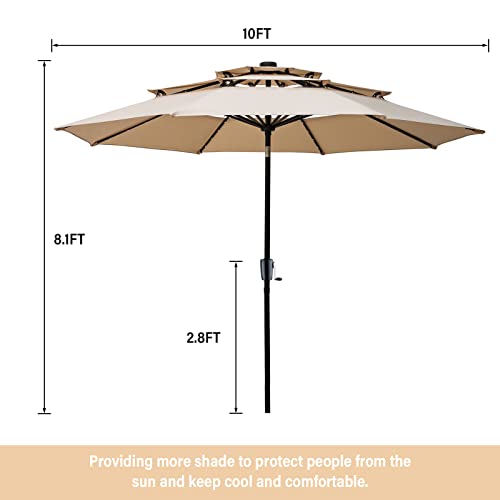 Ainfox 10Ft 3 Tiers Solar Patio Umbrella With Led Light, Outdoor Market Umbrella 40 Built-In Led Lights W/Double Vented Umbrella With Auto-Tilt System And Simple Crank Operation (Khiki) #TOP3
