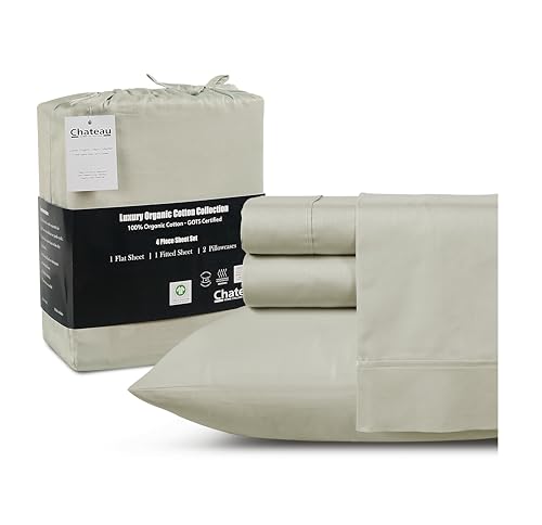 CHATEAU HOME COLLECTION 100% Organic Cotton Sheets Twin Size, Soft & Comfy Breathable 300 Thread Count Deep Pocket Sheets for All Seasons, Machine Washable No Pill Thick Cotton Bed Sheet – Sage