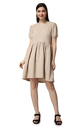 Image of POPWINGS Casual Self Crush Design Solid Knee Length Blouson Peplum Dress for Women || Stylish Summer Dress for Women || Knee-Length Dress for Women || V-Neck Dresses for Women