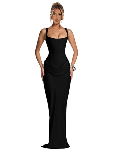 Sougoue Corset Satin Prom Dresses Sexy Long Mermaid Pleated Dress for Women 2026 Spaghetti Straps Cocktail Party Gown Black 4