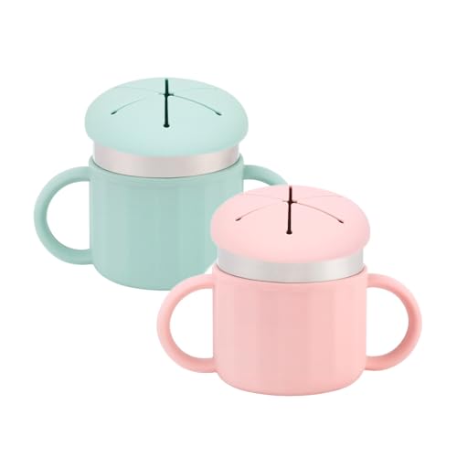 Image of 2 Pack Stainless Steel Snack Containers for Toddlers, Removable Silicone Food Catcher with Travel Handle Food Container for Kids On-the-Go, Snack Cups for Toddlers Dishwasher Safe, Green & Pink
