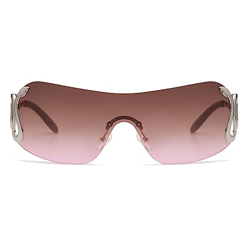 Rimless Y2k Sunglasses for Women Men Trendy Oversized Wrap Around Snake Shades AP3652