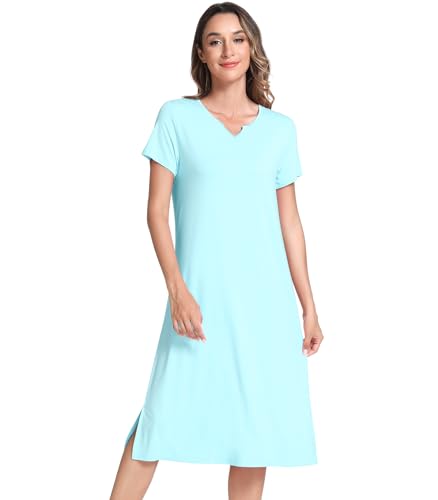 Image of NACHILA Women's Nightgowns-Viscose Made from Bamboo, Short Sleeve Sleepshirts V Neck Night Dress Cool Sleepwear