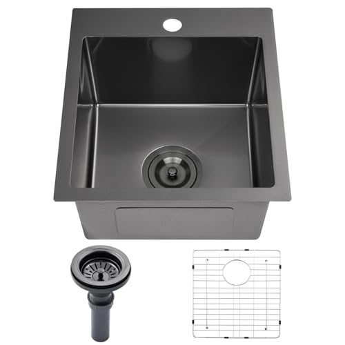 VALISY 15x17 Inch Black Bar Sink Drop In Kitchen Sink Topmount Stainless Steel Square Small Sinks Single Bowl Kitchen Sinks for Laundry Wet Bar Prep RV Office Outdoor Yard with Grid & Drain