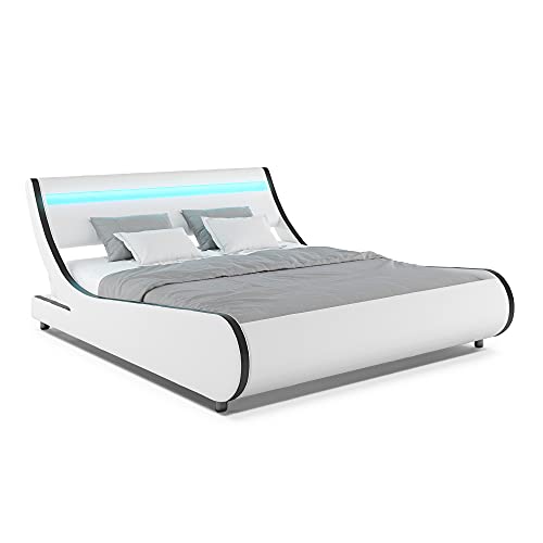 Ztozz Naples-Z Wave Like Led Bed Frame Queen Size - Sleigh Contemporary Modern Curved Pu Upholstered Low Profile Platform Bed With Designer Led Lights Headboard - White+Black Strip Color #TOP12
