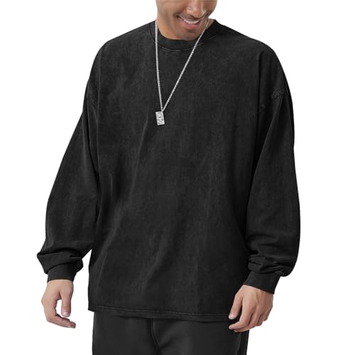 Men's Oversized Cotton T-Shirts Heavy Weight Crew Neck Vintage Wash Tee Long Sleeve Casual Gym Workout Tops